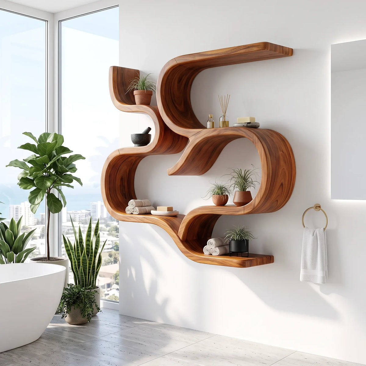 Mid Century Curved Floating Shelves, solid wood, built to order