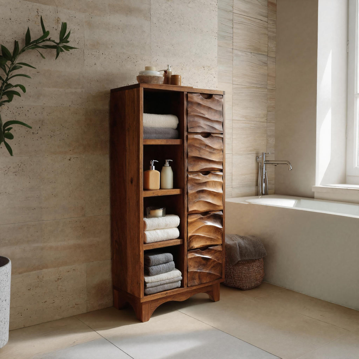 Contemporary Bathroom Cabinet with Open Shelves and Drawers for Spa, solid wood, built to order