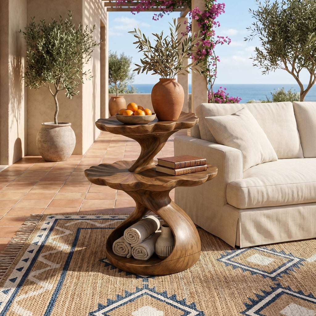 Mediterranean Two Tier Side Table Courtyard Living Room, solid wood, built to order