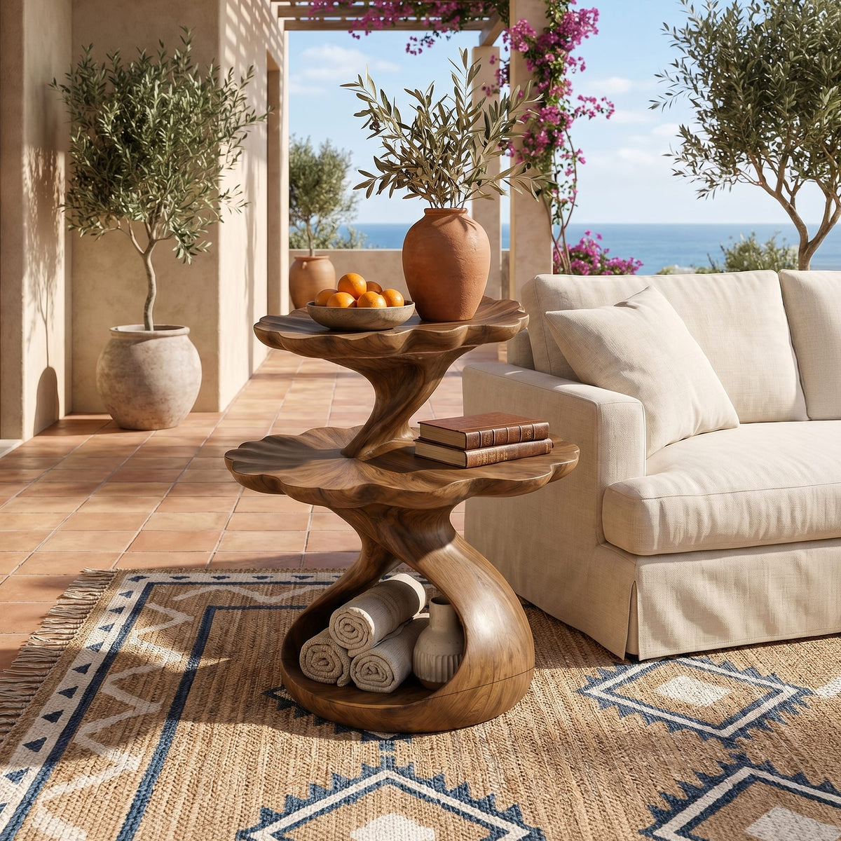 Mediterranean Two Tier Side Table Courtyard Living Room, solid wood, built to order