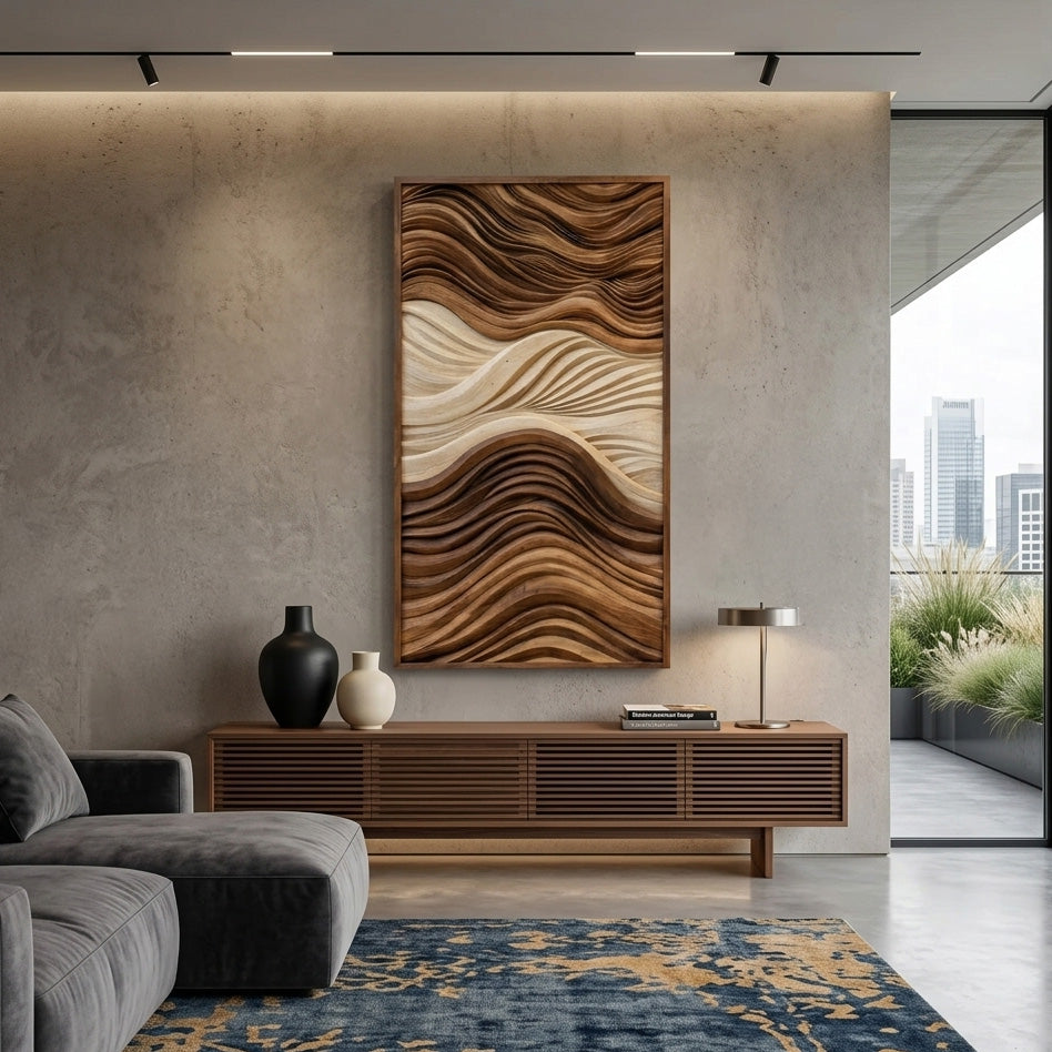 Vertical Sculptural Wall Art with Wave Carved Design, solid wood, built to order