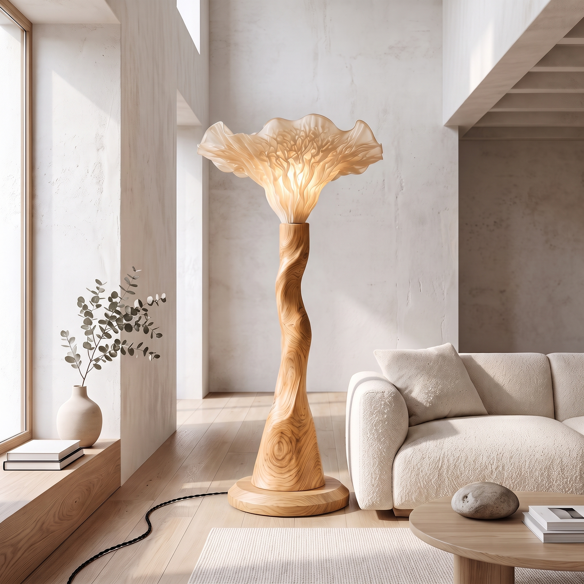 Modern Floor Lamp Organic Mushroom Design Living Room, solid wood, built to order