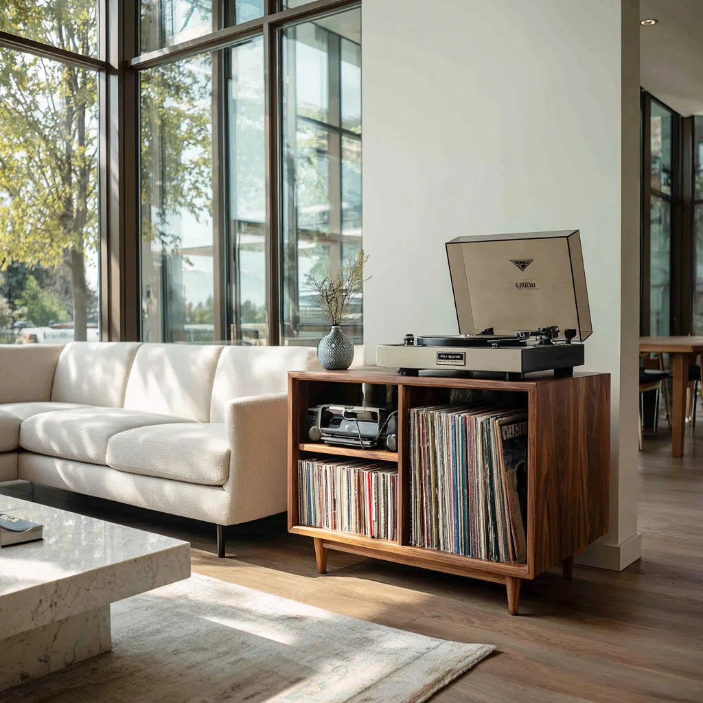 Minimalist Record Player Cabinet with Three Open Shelves, solid wood, built to order