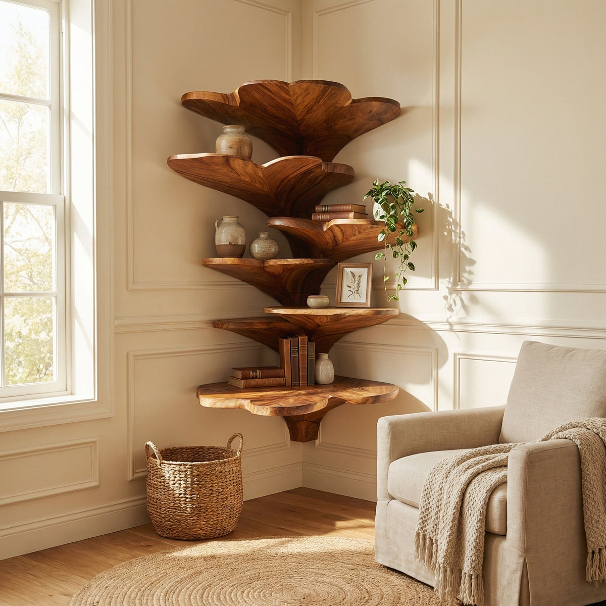 Boho Leaf Shaped Wooden Corner Shelf, solid wood, built to order