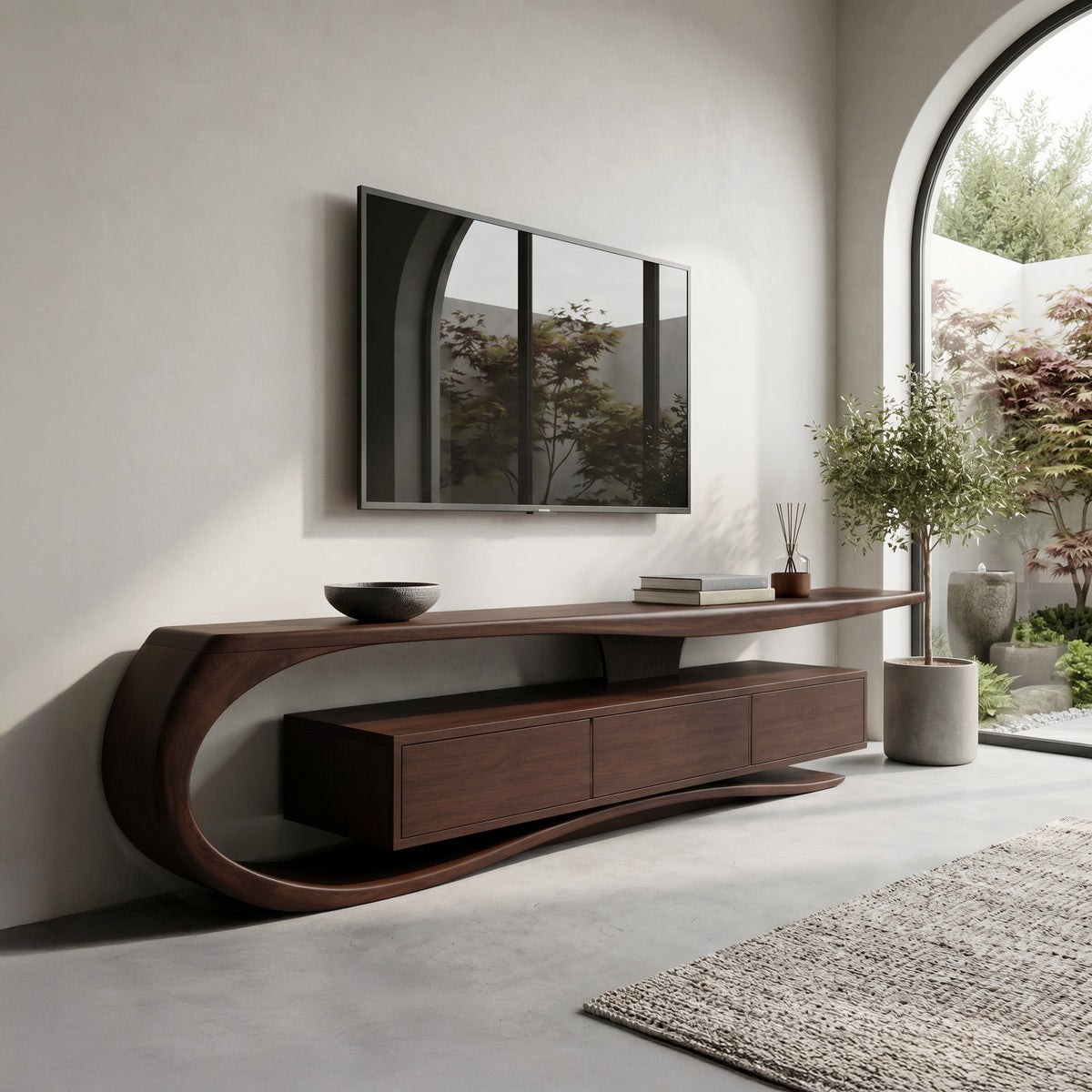 Minimalist Curved TV Console, solid wood, built to order