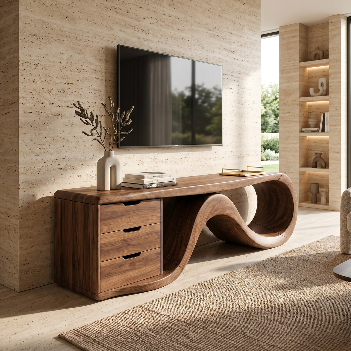 Wave Form Wooden Media Console Residence, solid wood, built to order