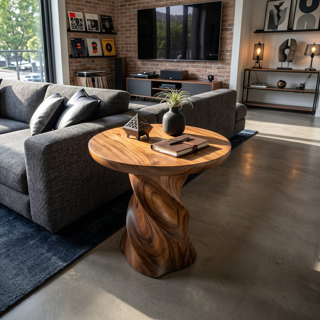 Industrial Pedestal Accent Table Loft Apartment, solid wood, built to order