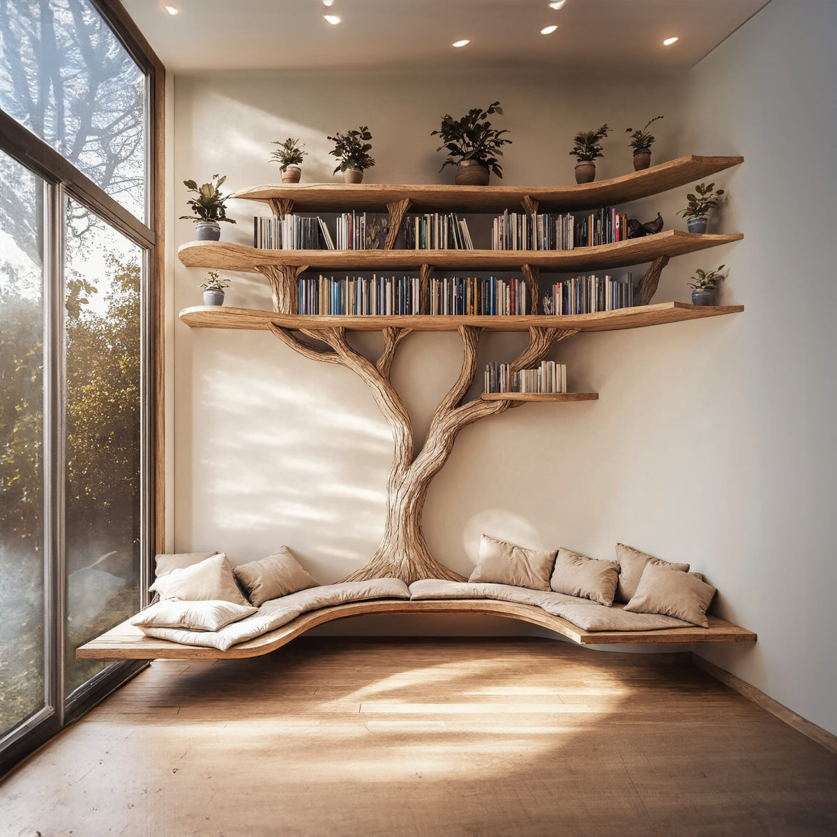 Driftwood Branch Tree Bookshelf with U Shaped Bench Custom Corner Bench, solid wood, built to order