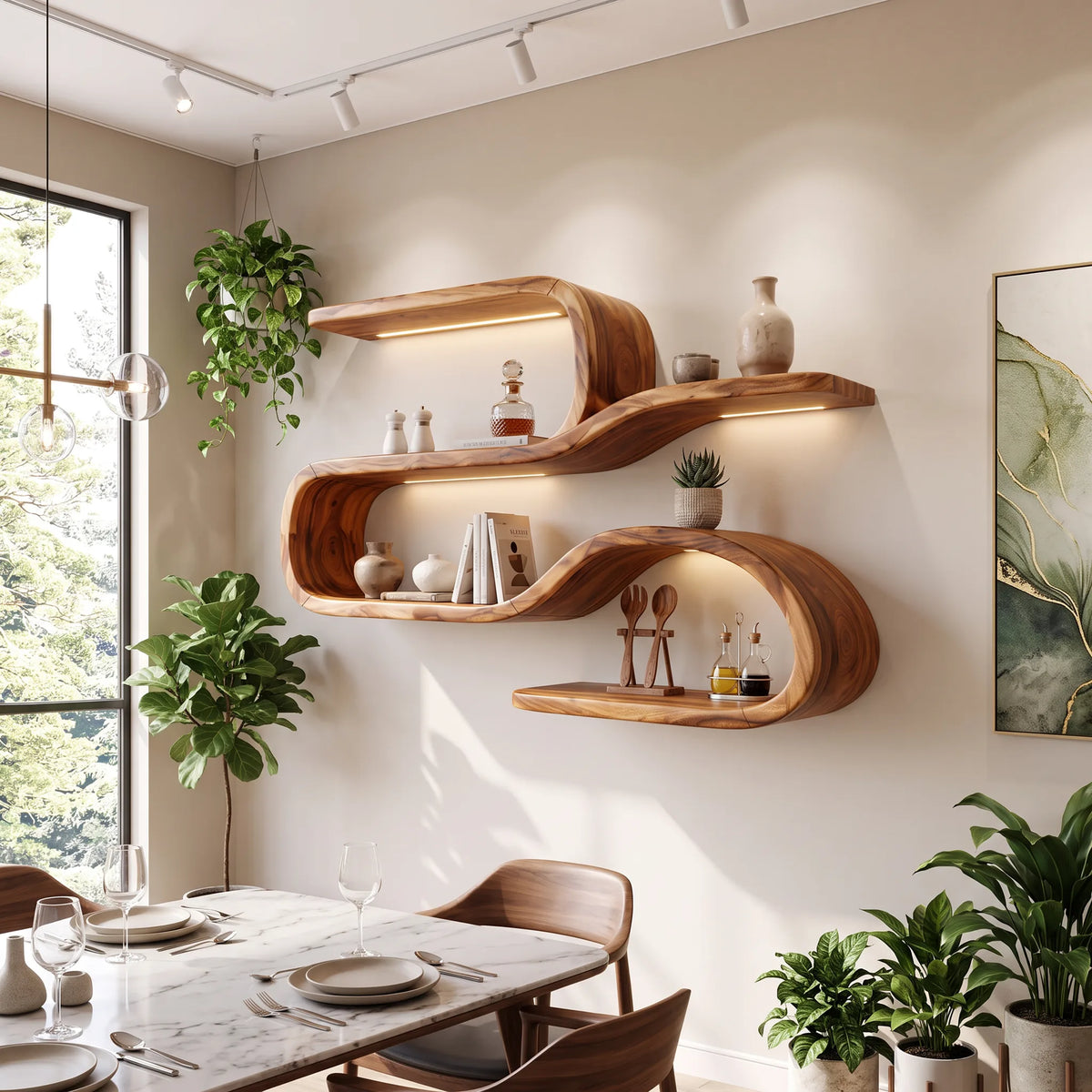 Mid Century Curved Wood Shelves for Coffee Bar, solid wood, built to order