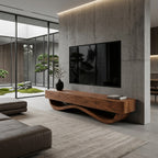 Modern Curved Base Floating Top TV Console, solid wood, built to order