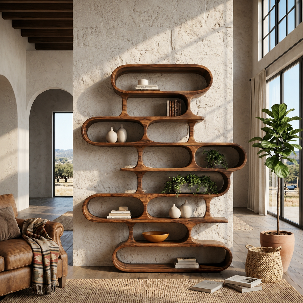 Organic Sculptural Wood Bookshelf with Curved Form, solid wood, built to order