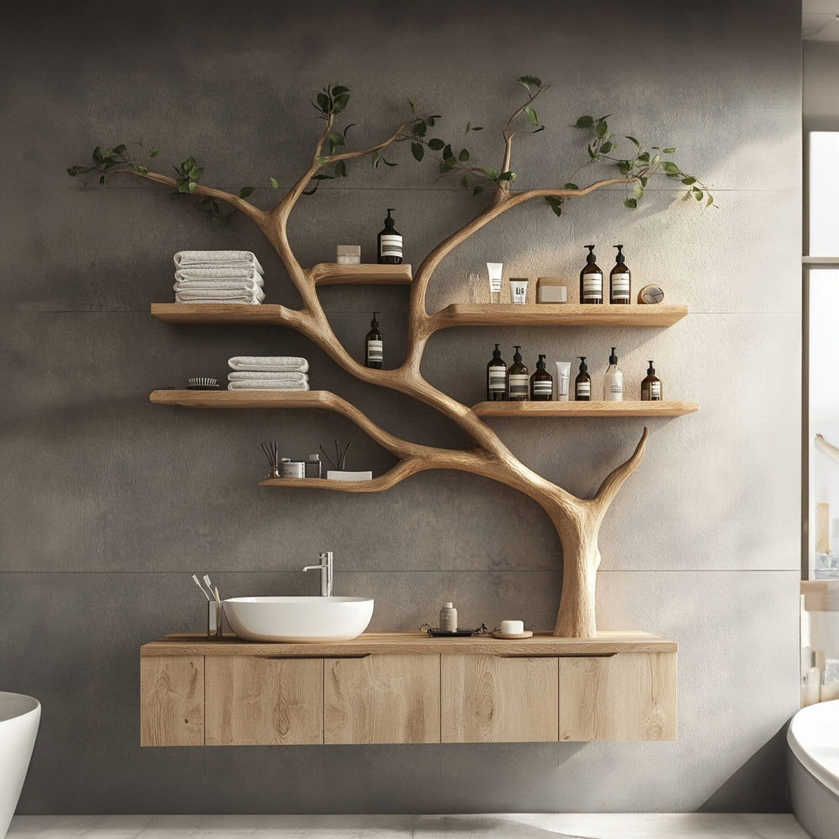 Tree Branches Rustic Bathroom Vanity with Sink Floating Shelves, solid wood, built to order