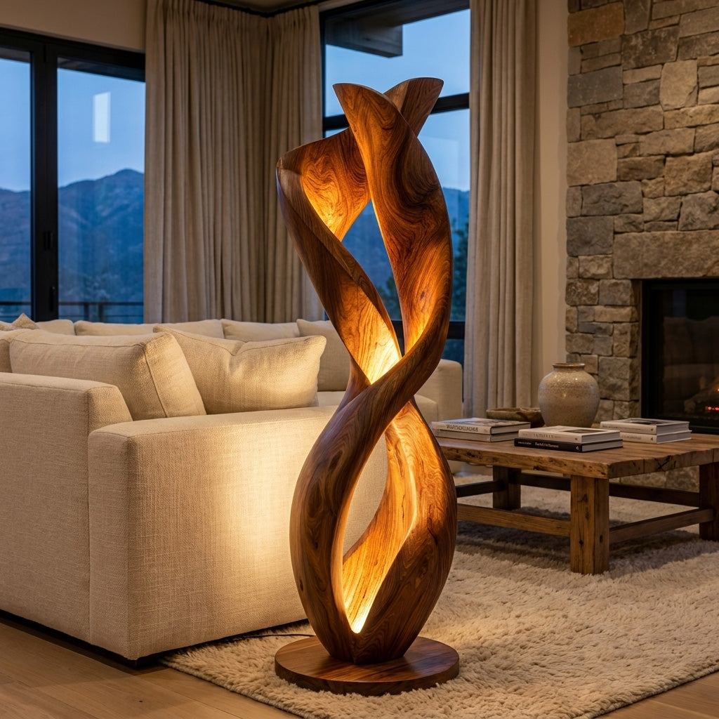 Twisted Floor Lamp with Sculptural Form, solid wood, built to order