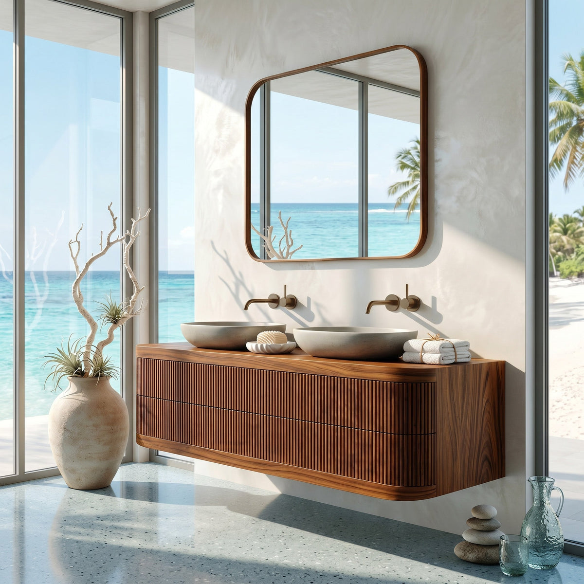 Contemporary Floating Bathroom Vanity with Fluted Front, solid wood, built to order