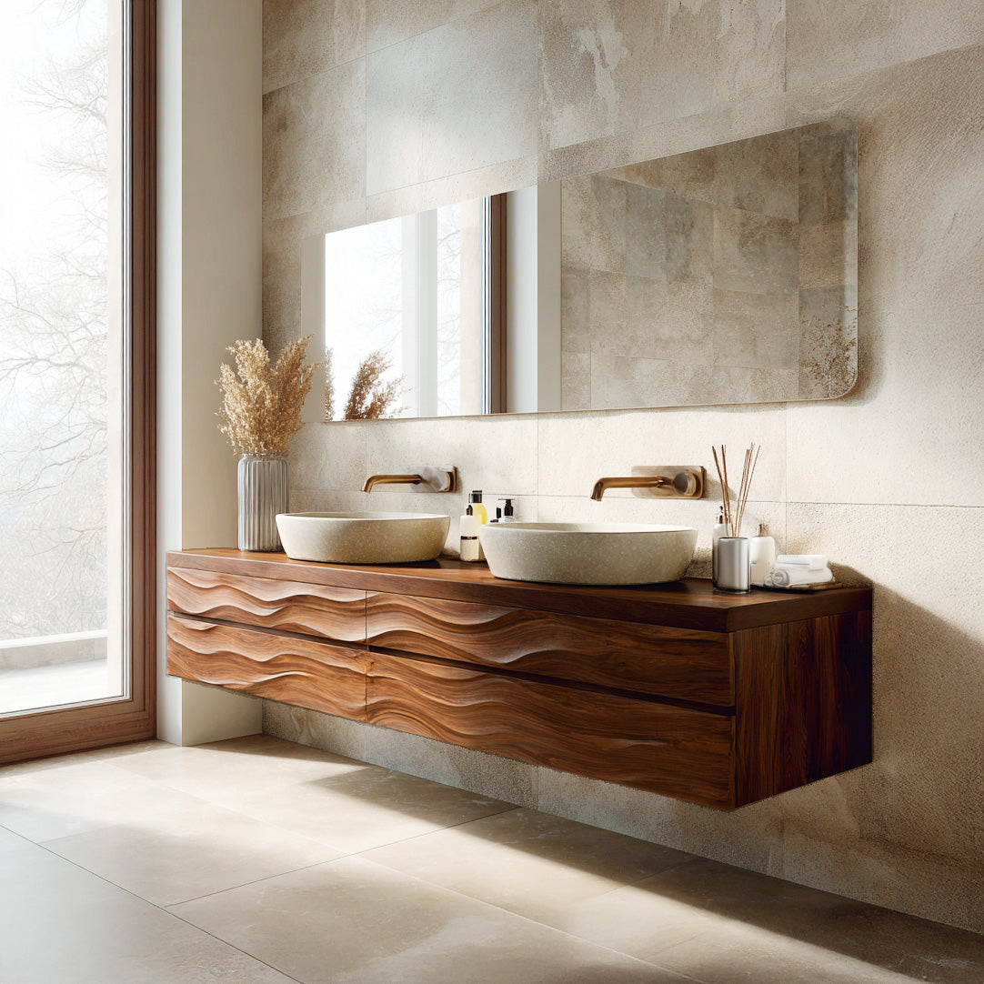Modern Floating Bathroom Vanity with Wave Texture, solid wood, built to order