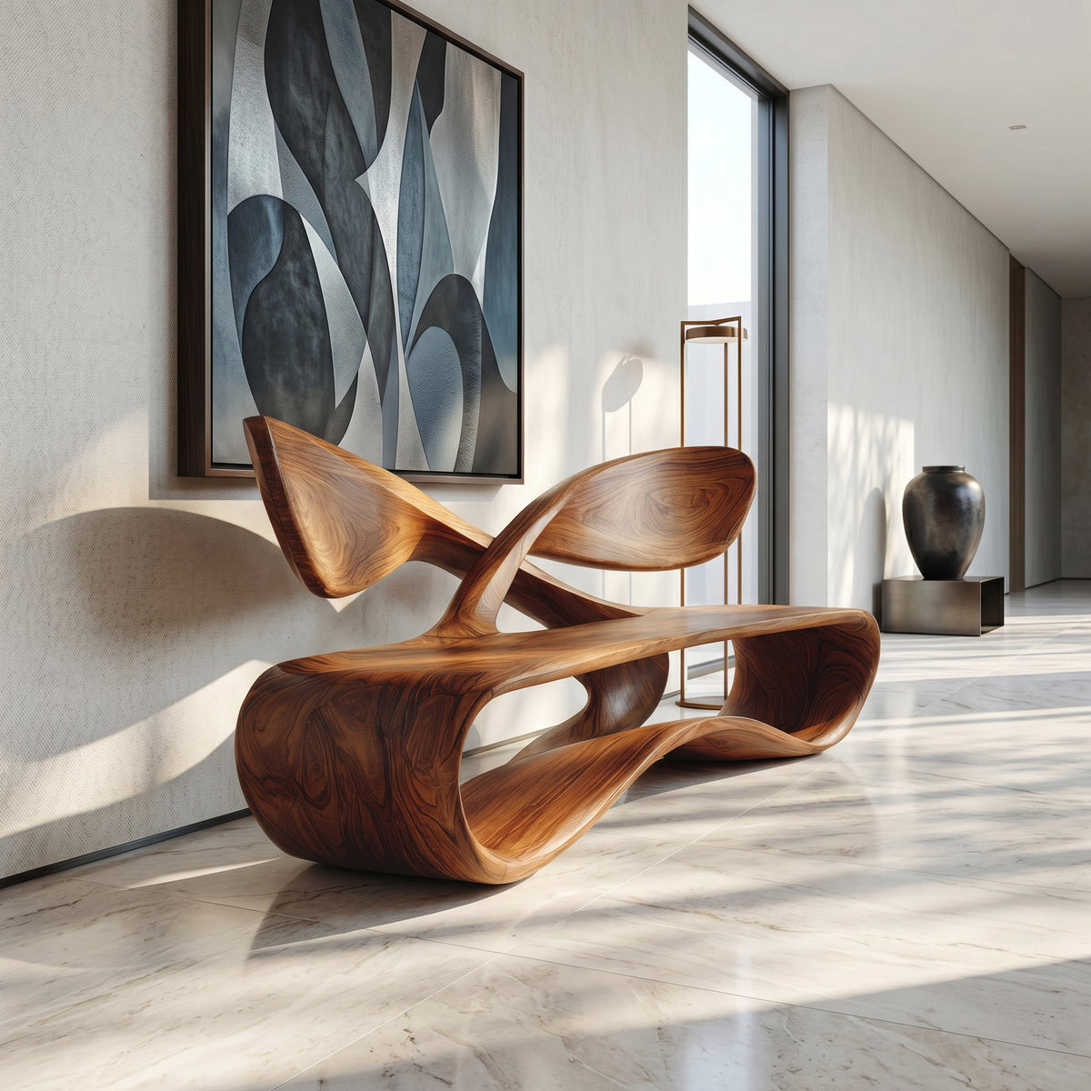 Contemporary Curved Bench with Cross Backrest, solid wood, built to order