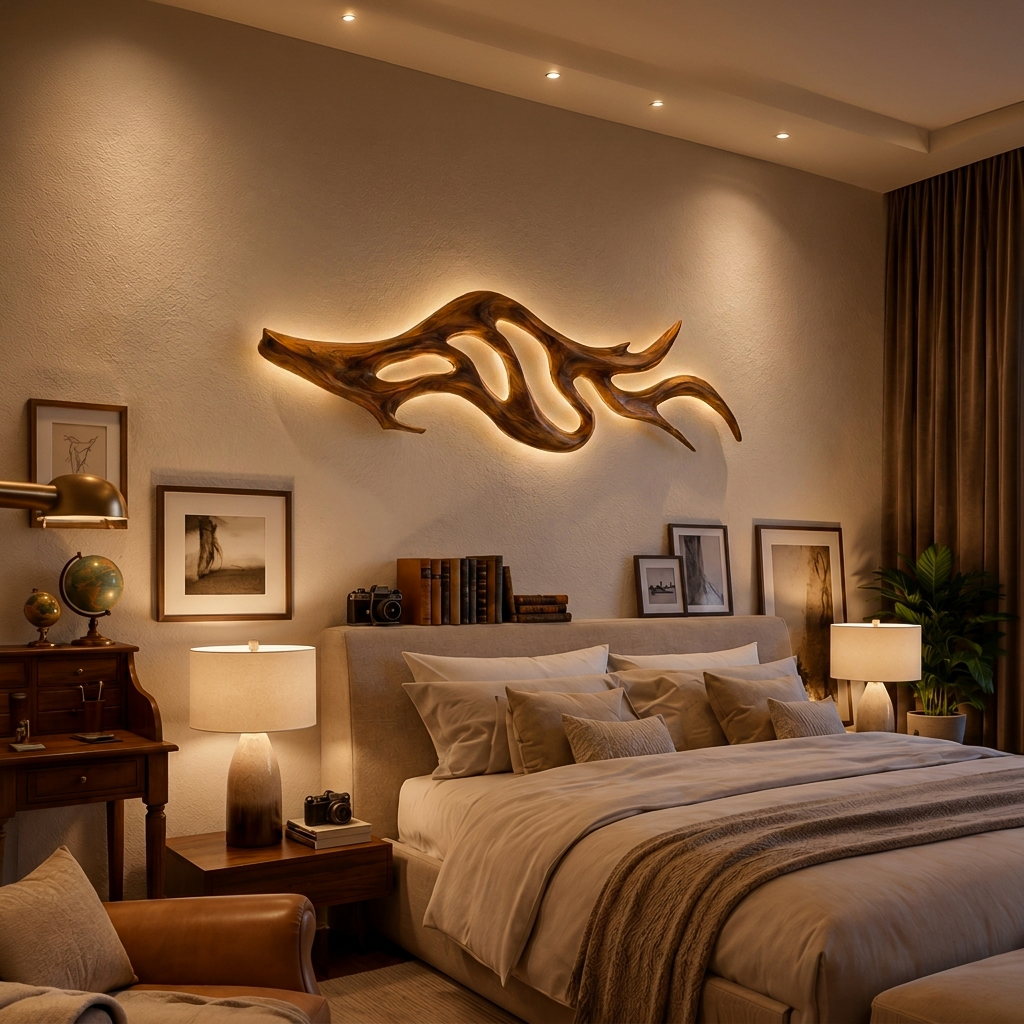 Artistic Wall Light with Sculptural Form, solid wood, built to order