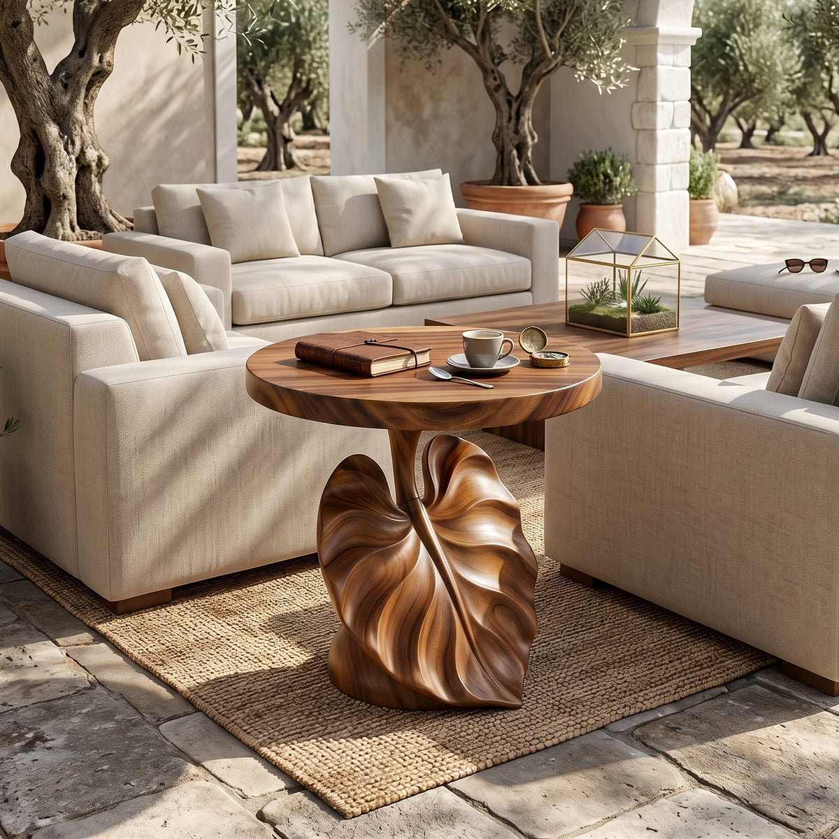Mediterranean Sculptural Accent Table Courtyard Patio, solid wood, built to order
