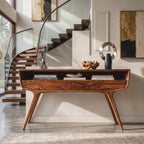 Mid Century Curved Console Table with Drawers, solid wood, built to order