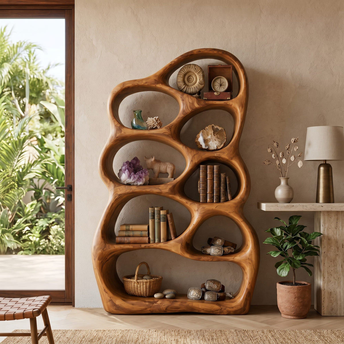Artistic Sculptural Wood Bookshelf with Multi Tiers for Living Room, solid wood bookcase