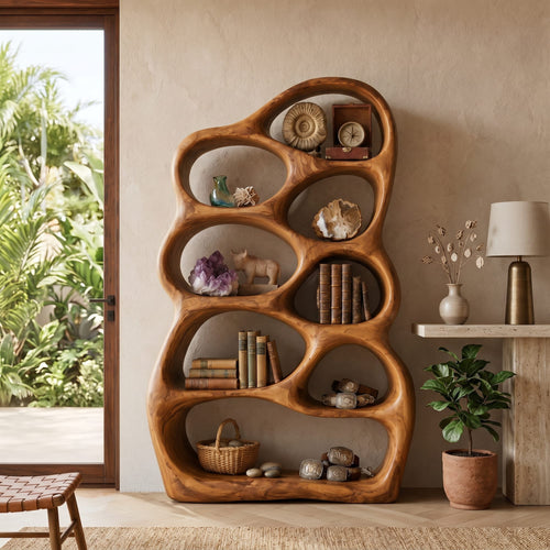 Artistic Sculptural Wood Bookshelf with Multi Tiers for Living Room, solid wood bookcase