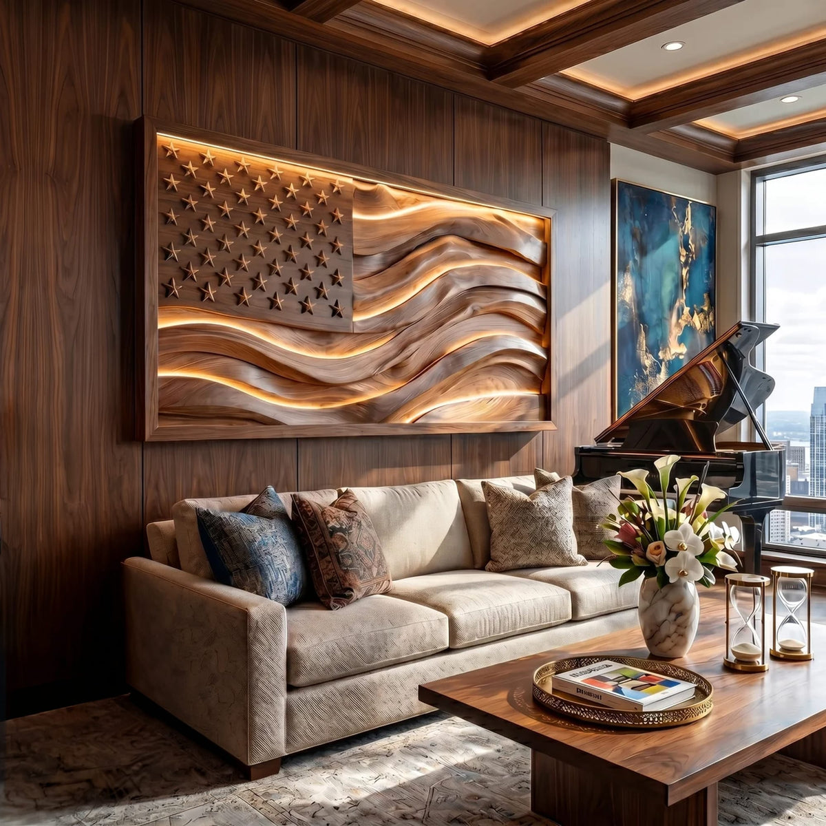 Illuminated American Flag Wood Wall Art, solid wood, built to order