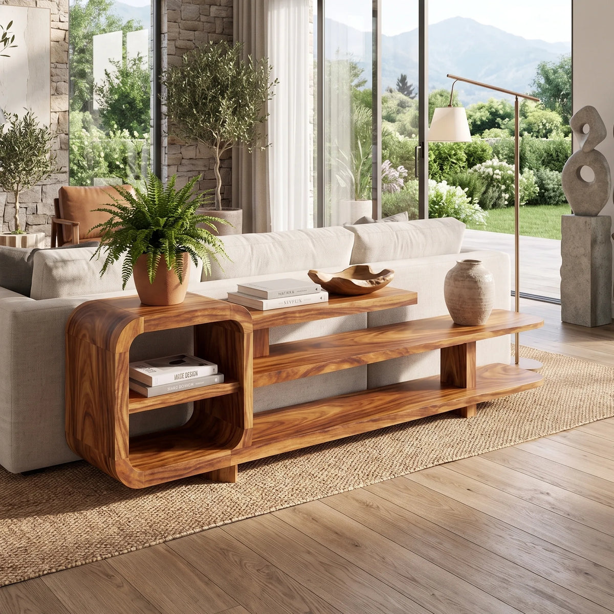 Mid Century Curved Console Table, solid wood, built to order