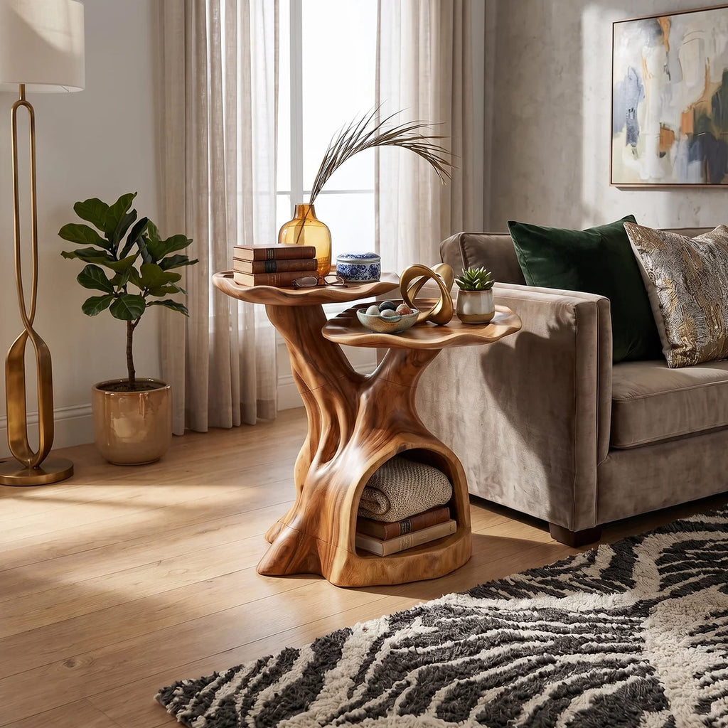 Contemporary Dual Tier Side Table Designer Residence, solid wood, built to order