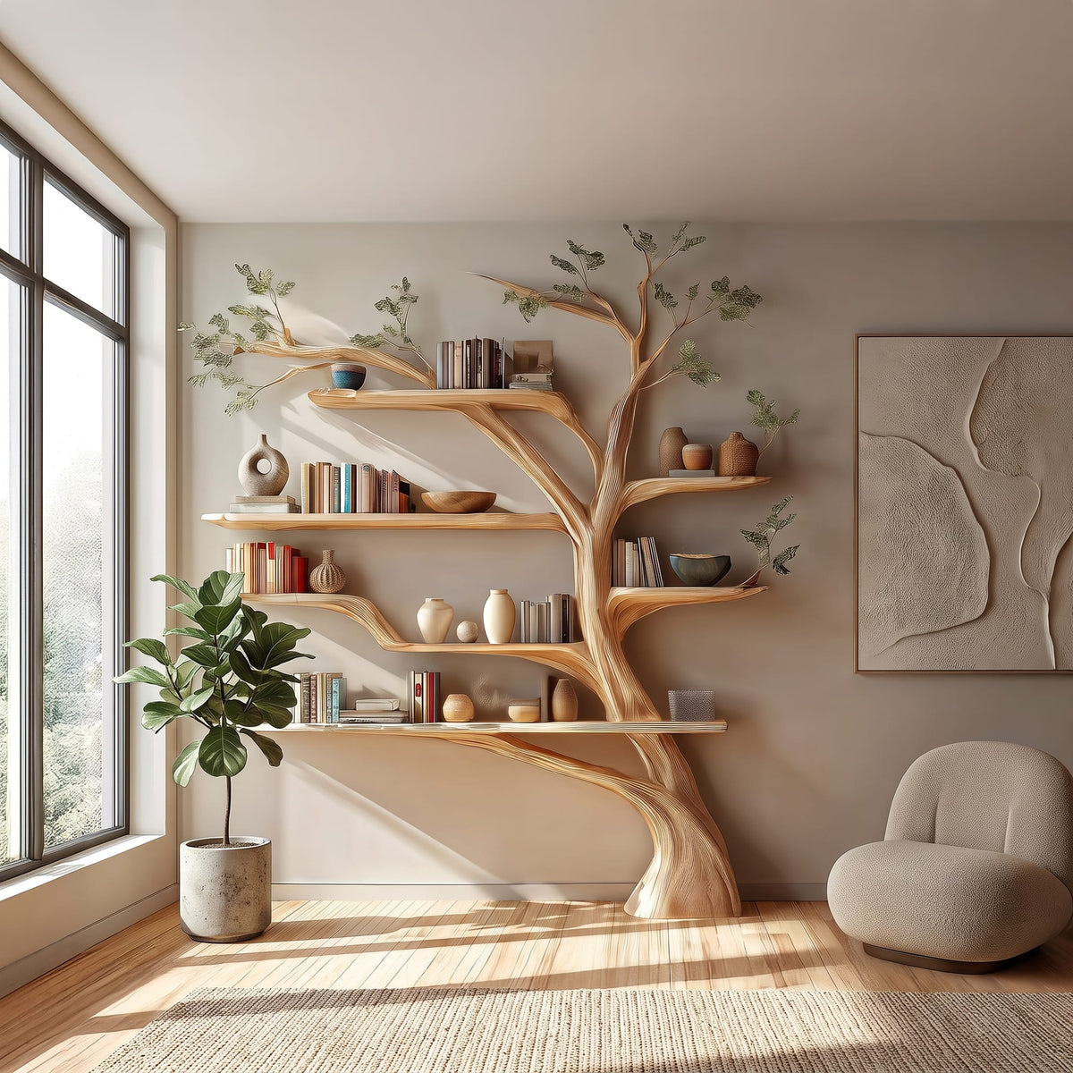 Rustic Book Tree Shelf Home Office, solid wood, built to order