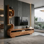 Organic Sculptural TV Console with Display Shelves, solid wood, built to order