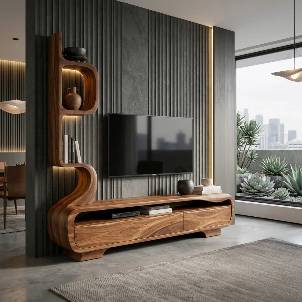Organic Sculptural TV Console with Display Shelves, solid wood, built to order