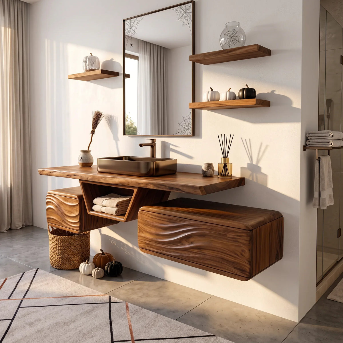 Mid Century Floating Bathroom Vanity Modern Bathroom, solid wood, built to order