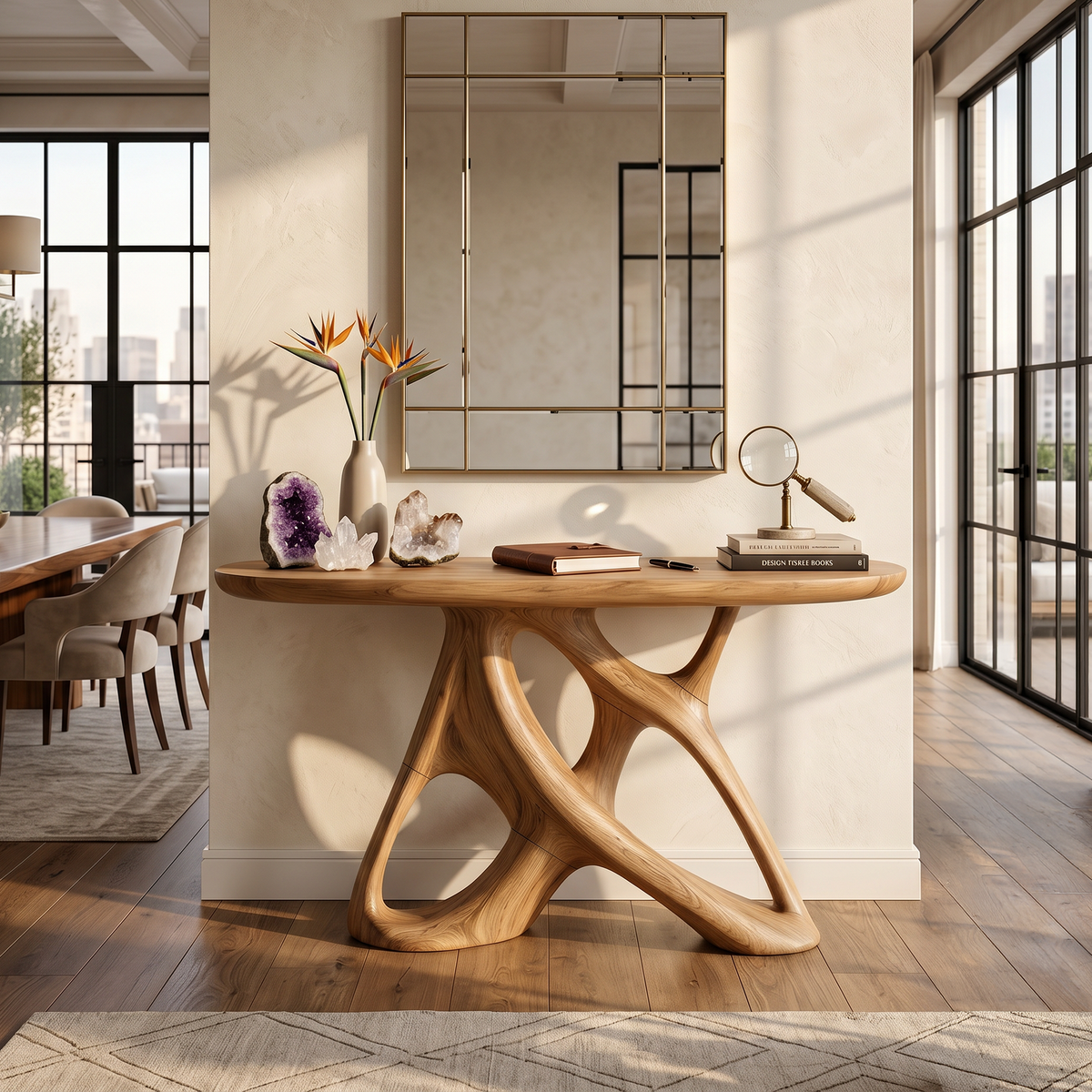 Organic Open Frame Console Table Designer Foyer, solid wood, built to order
