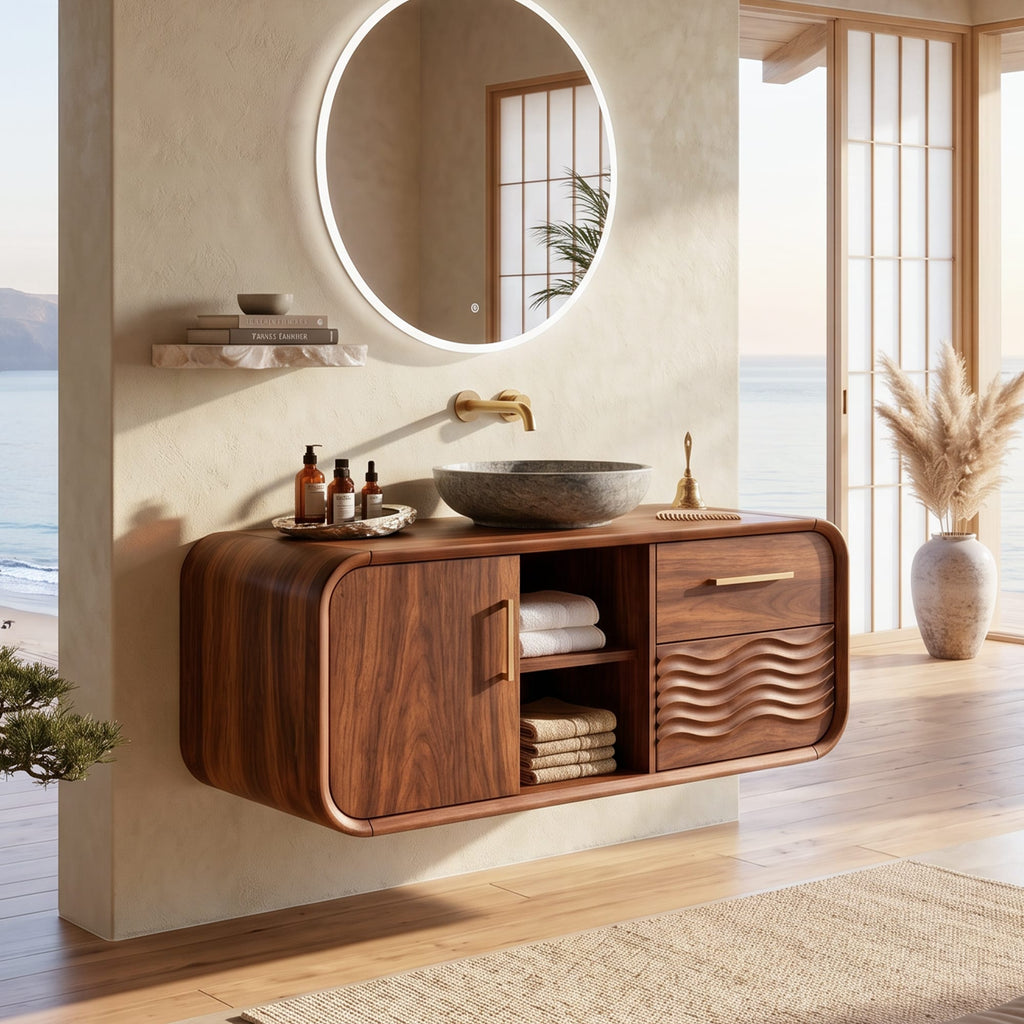 Mid Century Modern Floating Vanity, solid wood, built to order