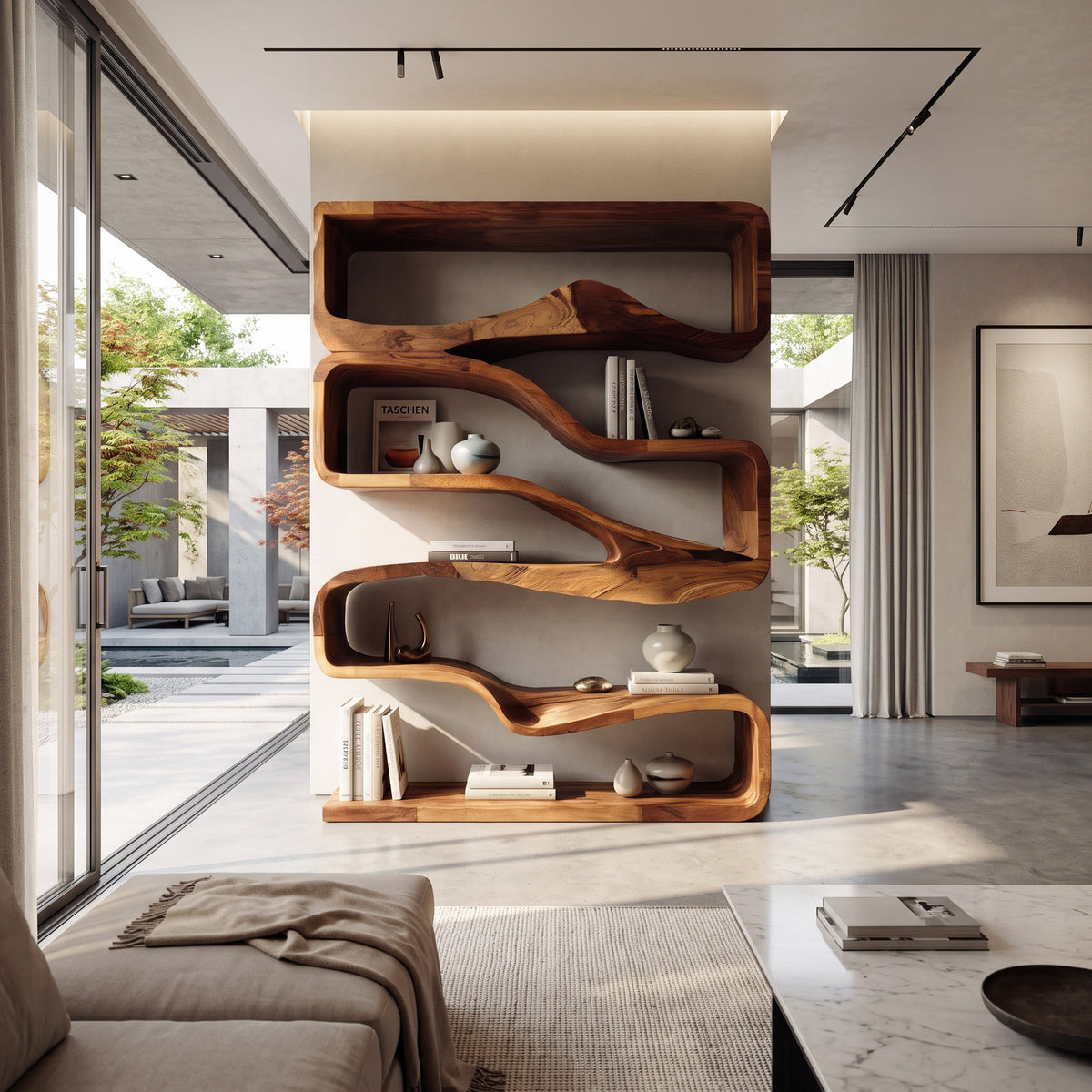 Modern Curved Bookshelf with Flowing Design, solid wood, built to order