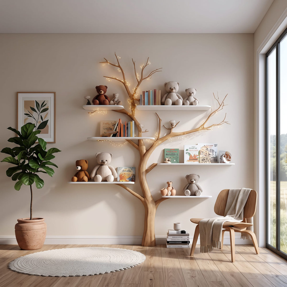 Midcentury Tree Bookshelf Nursery Bedroom, solid wood, built to order