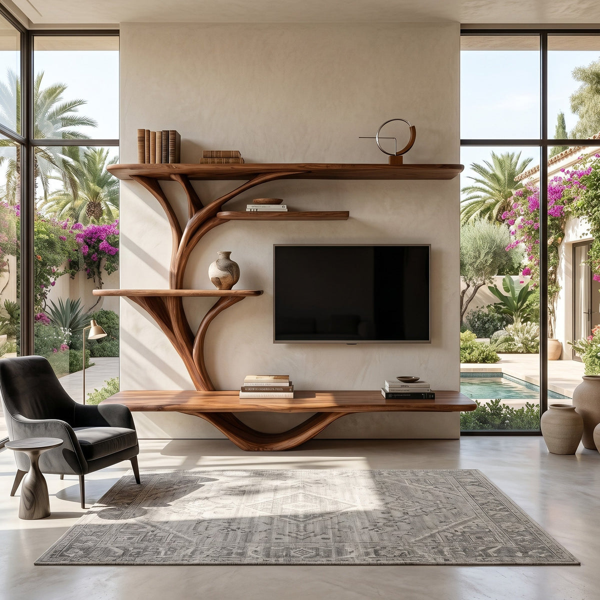 Organic TV Stand with Sculptural Branch Shelves, solid wood, built to order