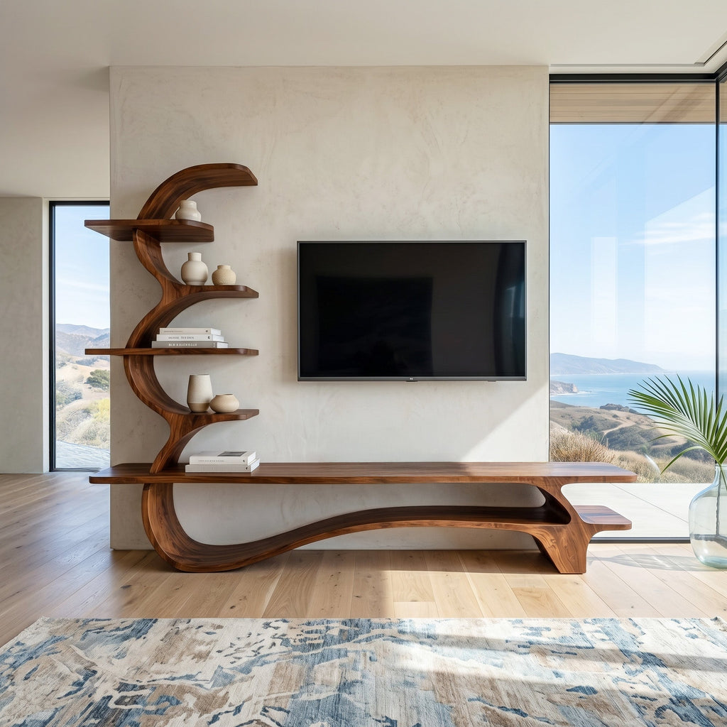 Organic Wood TV Stand with Side Curved Shelf, solid wood, built to order