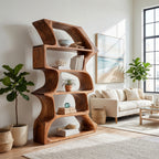 Organic Farmhouse Wooden Curved Bookshelf for Living Room, solid wood bookcase