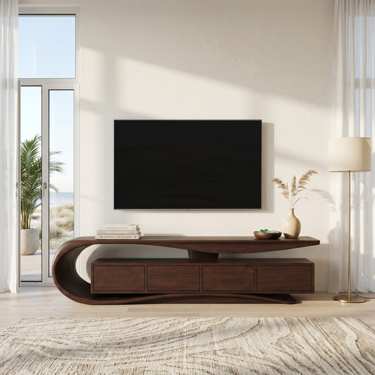 Contemporary Wave TV Console, solid wood, built to order