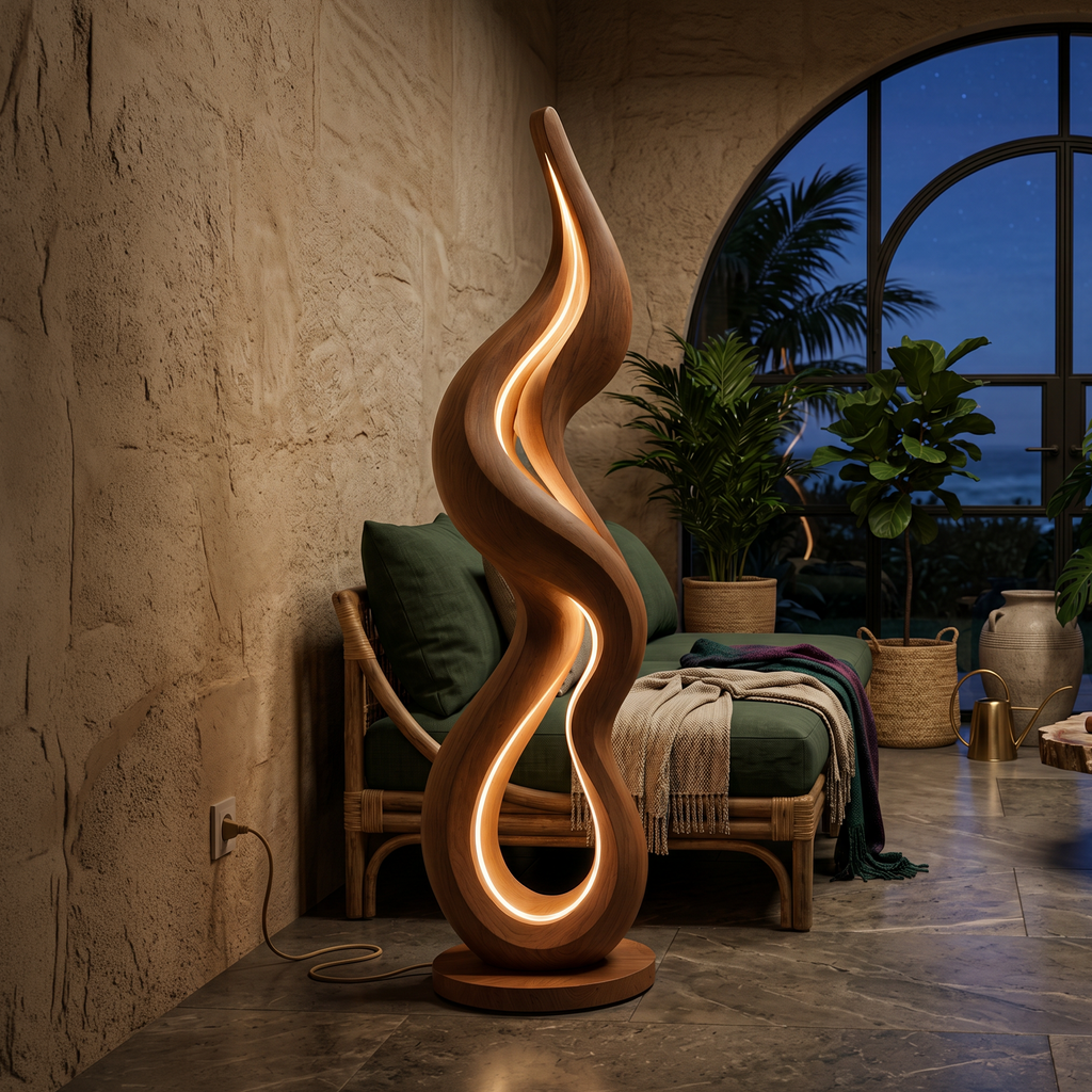 Contemporary Wave Lamp with Table, solid wood, built to order