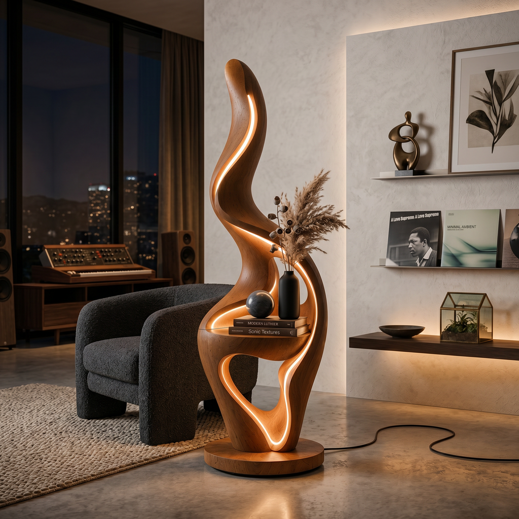 Minimalist Curved Lamp with Table, solid wood, built to order