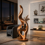 Minimalist Curved Lamp with Table, solid wood, built to order
