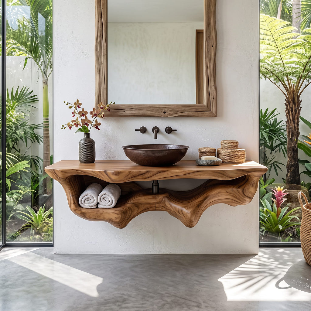 Mid Century Live Edge Floating Vanity Bathroom Decor, solid wood, built to order