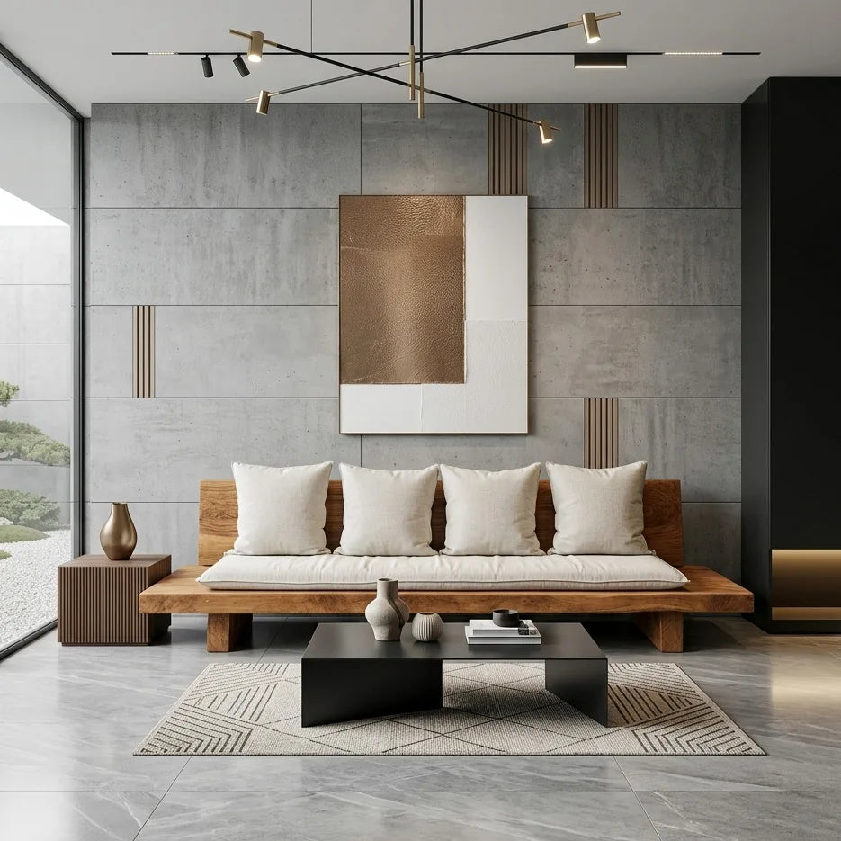 Minimalist Sofa with Cushions, solid wood, built to order