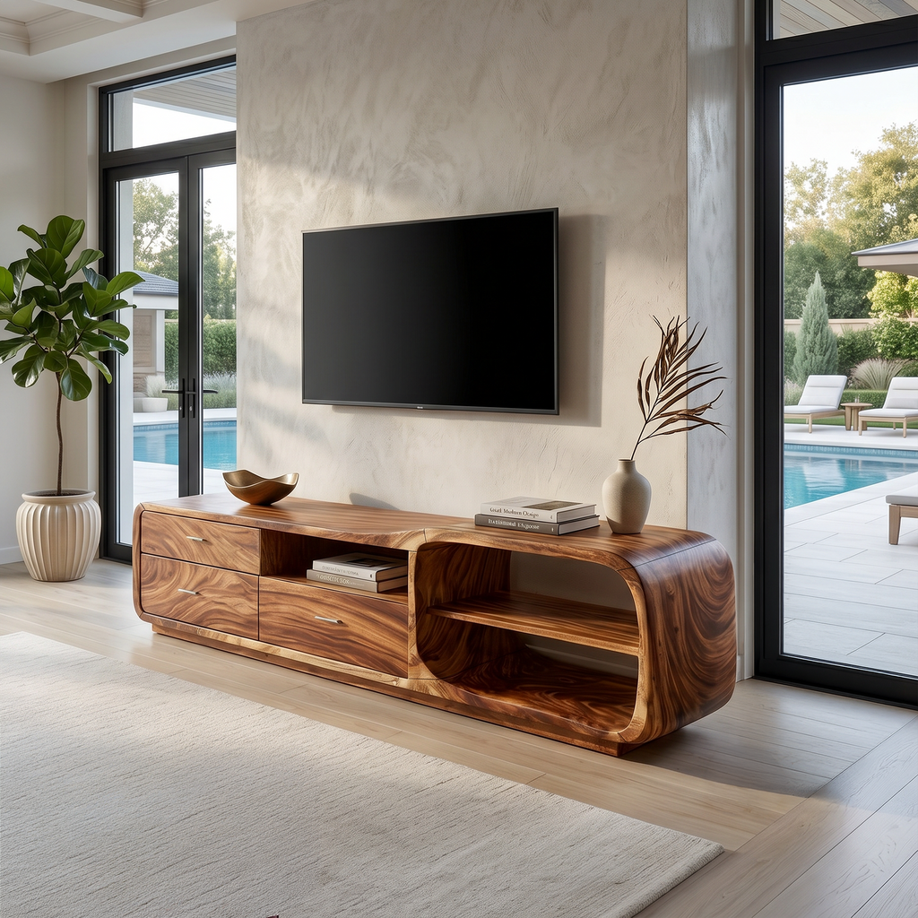 Curved Organic TV Stand Designer Residence, solid wood, built to order