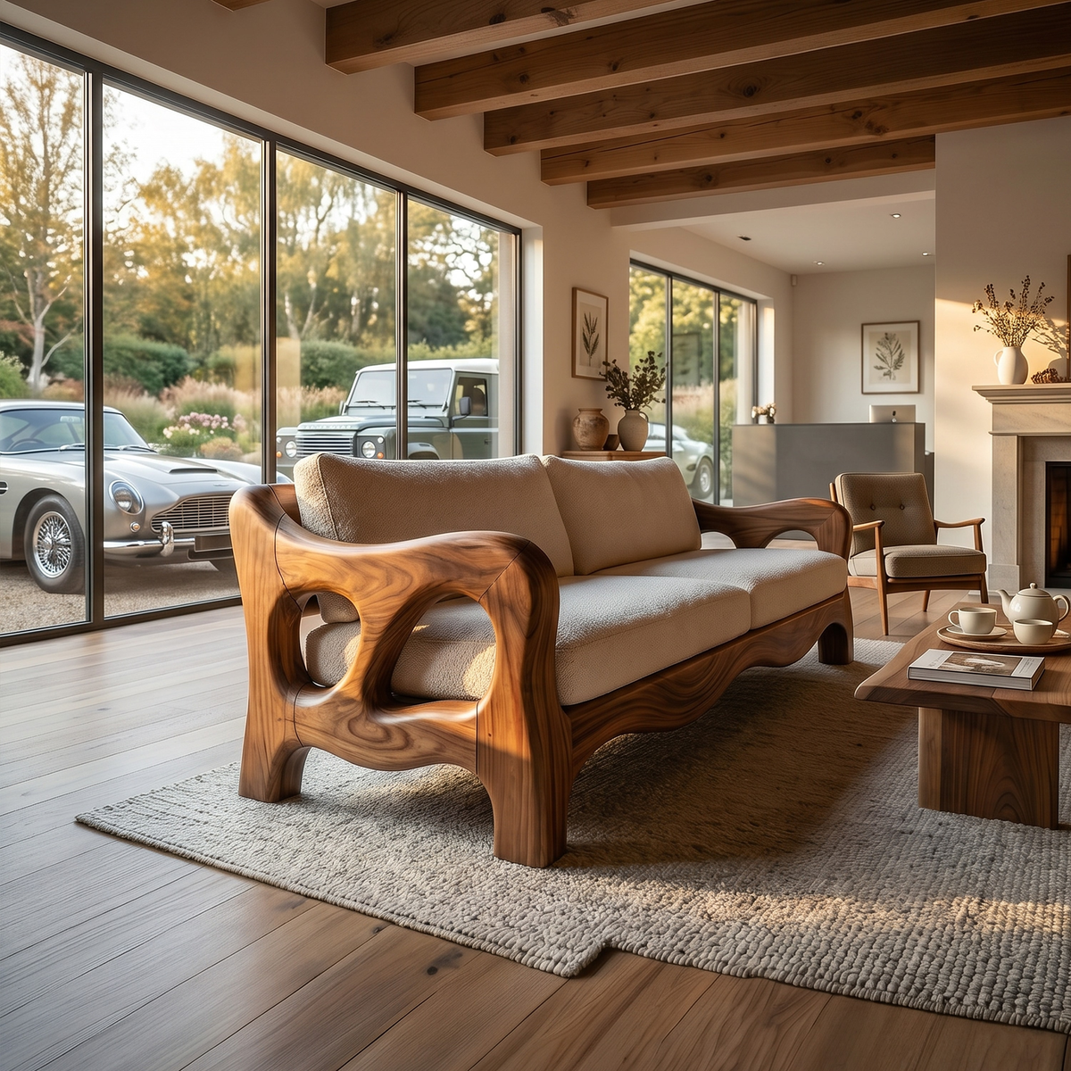 Architectural Sculptural Sofa Family Room, solid wood, built to order