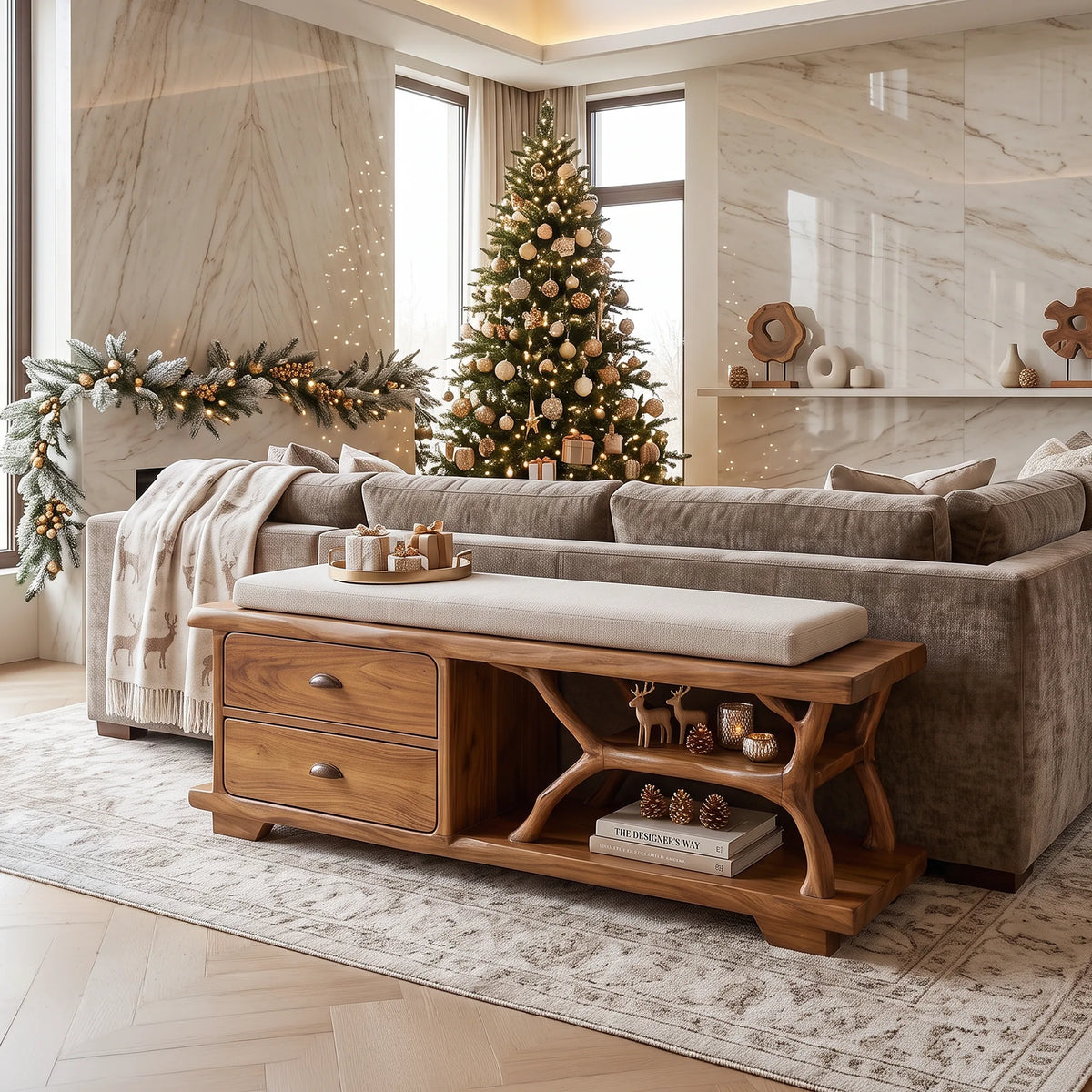 Modern Storage Bench Reindeer Living Room Decor, solid wood, built to order