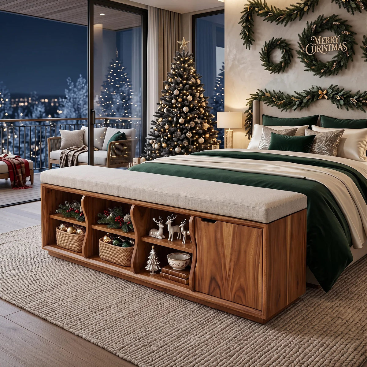 Rustic Bedroom Storage Bench Reindeer Ornament, solid wood, built to order