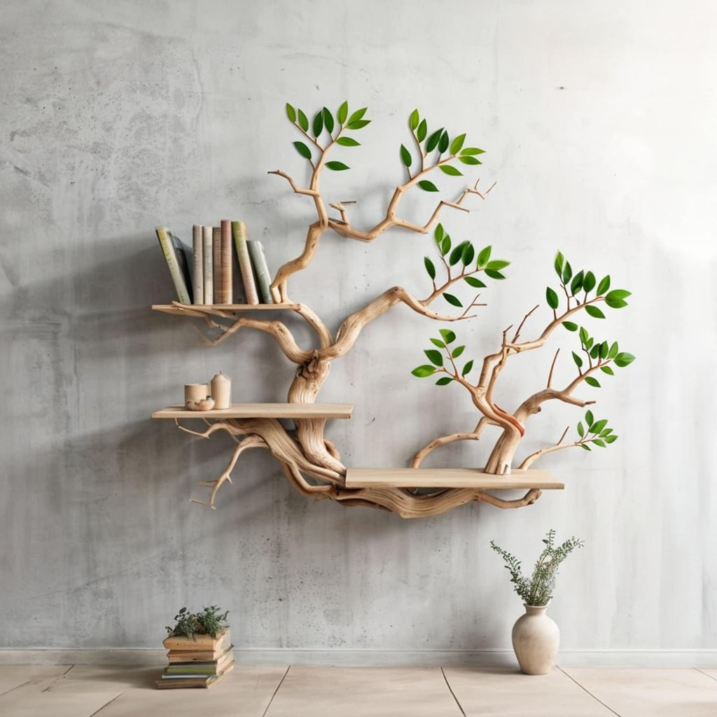 Driftwood Branch Shelves Carving Floating Bookshelf Wall, solid wood, built to order